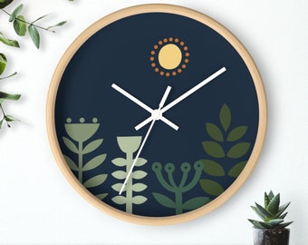 Scandinavian Wall Clock Nordic Sun Folk Design, Minimalist Style, 10 inches Housewarming Gift