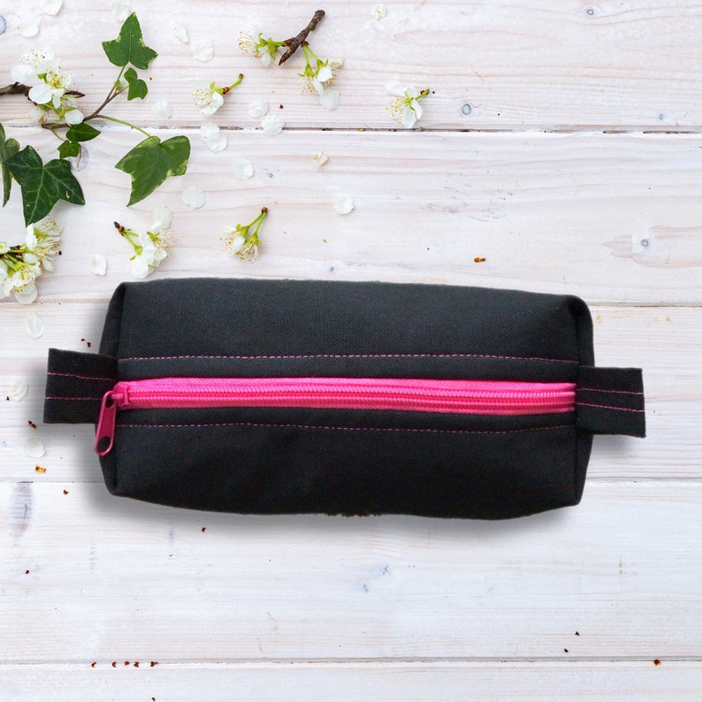 Compact Black Canvas Boxy Zipper Pouch Pencil Case Makeup Bag image 3