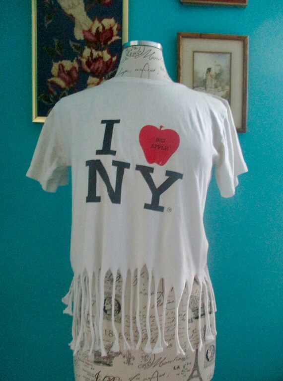 Vintage Fringed Tee//I Love New York T-Shirt//Big