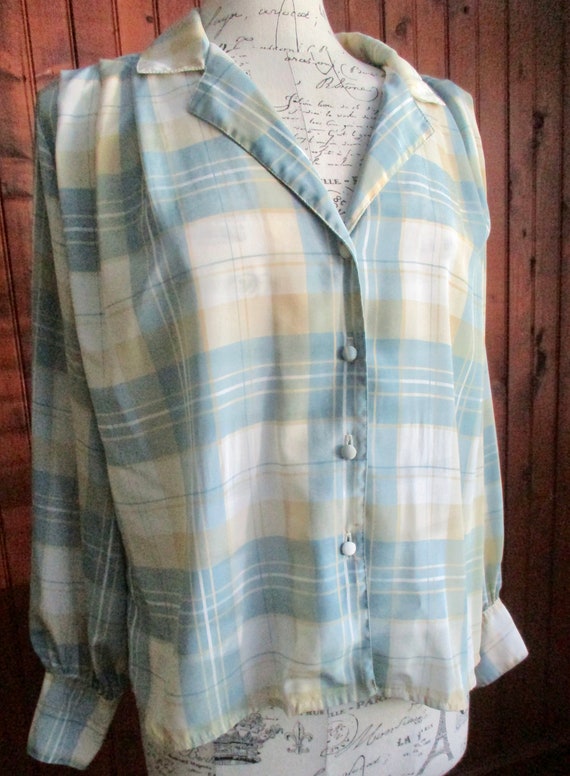 50's-Inspired Blue and Tan Plaid Blouse//Silky But