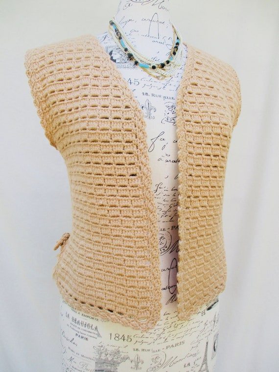 Hand-Knit Bohemian Vest//Beige Crochet Top - image 1