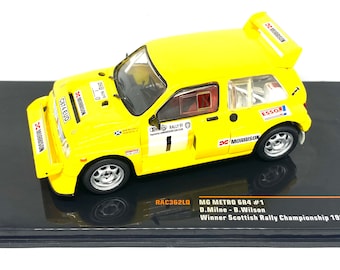 1:43 scale IXO Model of an MG Metro 6R4 Rally car as driven by D Milne in 1991