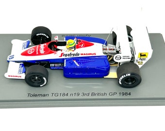 1:43 scale Spark Model of a Toleman TG184 F1 Car as driven by Ayrton Senna in the 1984 British Grand Prix