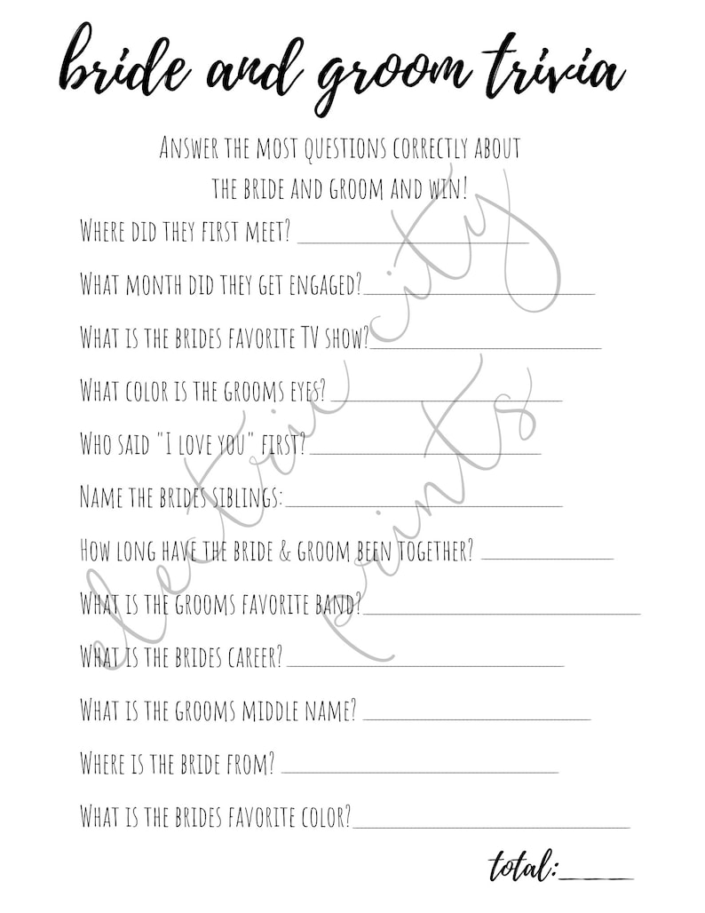 INSTANT DOWNLOAD Bridal Shower Game Bride and Groom Trivia Etsy