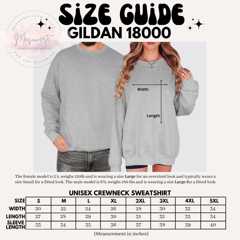 K&ouml;nnte beinhalten: Eine Gr&ouml;&szlig;entabelle f&uuml;r ein Gildan 18000 Unisex-Crewneck-Sweatshirt. Die Tabelle enth&auml;lt Ma&szlig;e in Zoll f&uuml;r Breite, L&auml;nge und &Auml;rmell&auml;nge, von Gr&ouml;&szlig;e S bis 5XL. Das Bild zeigt auch einen Mann und eine Frau, die das Sweatshirt tragen.