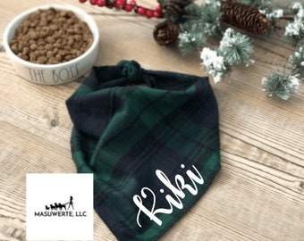 Dog Bandana Tie On, Christmas holiday tartan plaid navy green flannel, personalized pet name, Pet Bandana