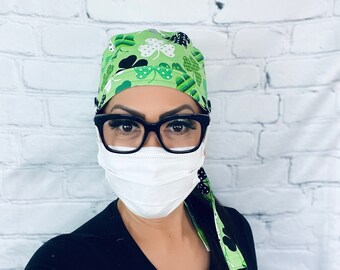 Scrub cap, Scrub cap with Buttons, St. Patrick's Day Holiday, lucky shamrock, Dental cap, Nurse head cap, surgical scrub cap, PPE, Chemo cap