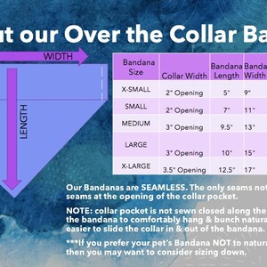 May include: A chart showing the different sizes of over-the-collar bandanas for dogs. The chart includes the bandana size, collar width, bandana length, bandana width, and example breeds that the size is suitable for. The chart is illustrated with a purple triangle that shows the length and width of the bandana.