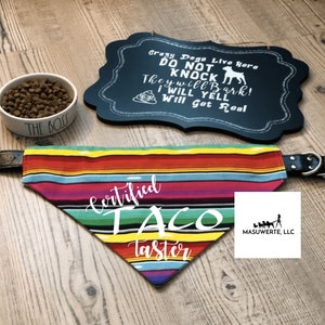 May include: A colorful dog bandana with the text "Certified Taco Taster" in white. The bandana is a traditional Mexican serape pattern with red, yellow, green, blue, and pink stripes. The bandana is attached to a black leather dog collar.