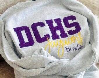 School Spirit Applique Sweatshirt | Custom School Embroidered Youth or Adult Applique Mascot Spirit Glitter Sweatshirt | School Sport Shirt