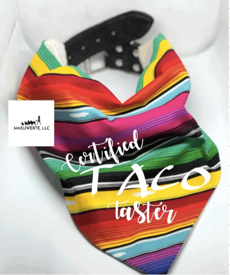 May include: A colorful bandana with a Mexican serape pattern. The bandana has white text that says "Certified Taco Taster".