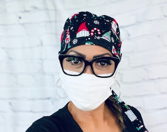 Surgical cap, Christmas Scrub Cap, Scrub Cap with buttons, holiday scrub cap, nurse cap, dental scrub cap, nurse hat, Gnome scrub, PPE