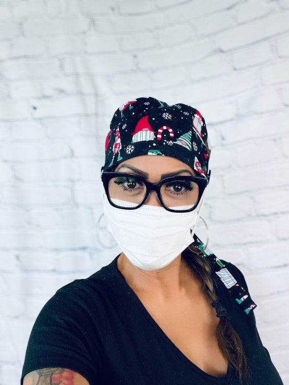 Surgical cap, Christmas Scrub Cap, Scrub Cap with buttons, holiday scrub cap, nurse cap, dental scrub cap, nurse hat, Gnome scrub, PPE