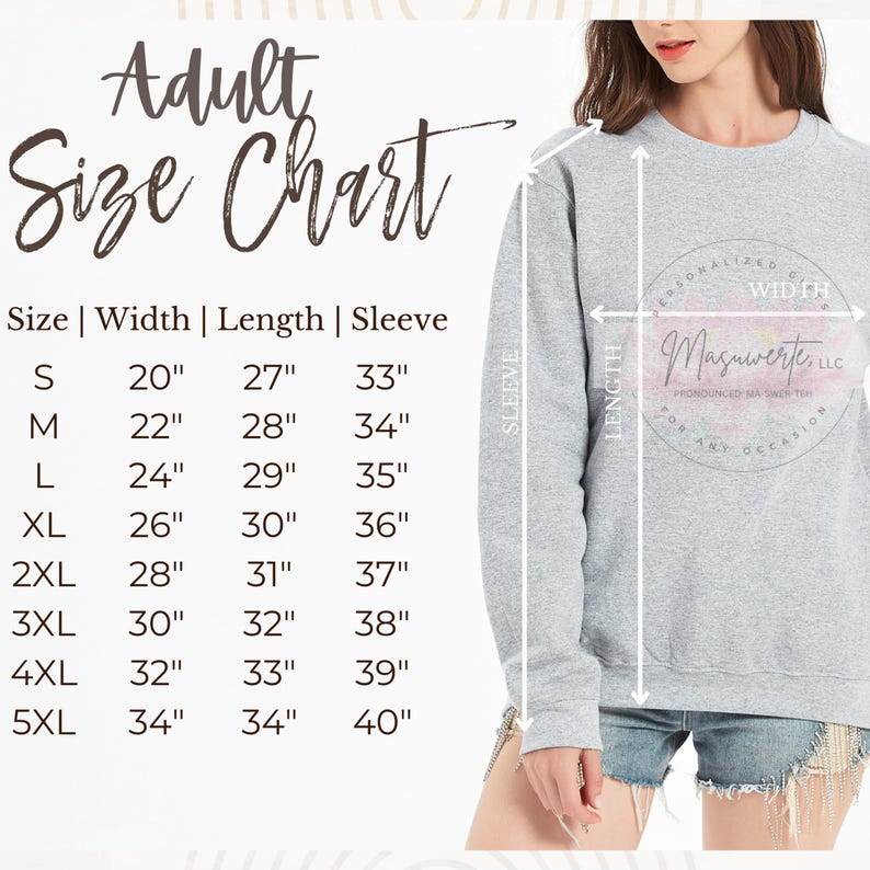 K&ouml;nnte beinhalten: Hellgraues Sweatshirt mit Gr&ouml;&szlig;entabelle f&uuml;r Erwachsene. Die Tabelle listet die Gr&ouml;&szlig;en S bis 5XL mit Ma&szlig;en f&uuml;r Breite, L&auml;nge und &Auml;rmell&auml;nge in Zoll auf. Das Sweatshirt hat ein Logo auf der rechten Seite.