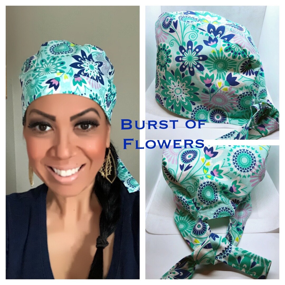 Scrub Cap, Scrub Cap With Buttons, Floral Scrub Cap for Woman, Surgical Cap, Dental Scrub Cap