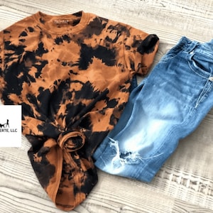 Reverse Tie dye black tshirt, bleached shirts, acid wash, unisex tie dye shirts, trendy tshirts, bleached black t-shirt, black orange