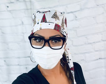 Surgical Cap / Christmas Scrub Cap with Buttons / Female Scrub Cap / Medical Scrub Cap / Head Cap / PPE / Nurse / Dental Scrub Cap /Xmas