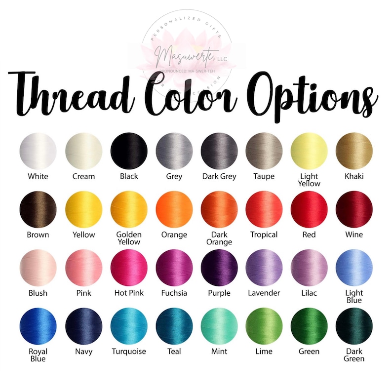 K&ouml;nnte beinhalten: Eine Farbkarte mit Garnfarboptionen. Die Karte enth&auml;lt eine Reihe von Farben wie Wei&szlig;, Schwarz, Grau, Braun, Gelb, Orange, Rot, Rosa, Lila, Blau und Gr&uuml;n. Der Text "Thread Color Options" steht oben.