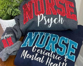 Nurse Sweatshirt, Custom Embroidered Nursing Grad Crewneck Personalized RN staff Sweatshirt, Graduation Gift Glittery Nurse Sweatshirt
