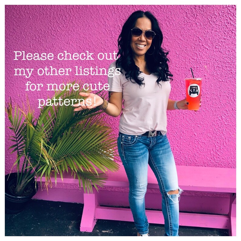 May include: A woman wearing a white t-shirt, blue jeans, and sunglasses is standing in front of a pink wall. She is holding a pink drink with a black and white logo that says "K.B.S.". The text "Please check out my other listings for more cute patterns!" is written on the wall.