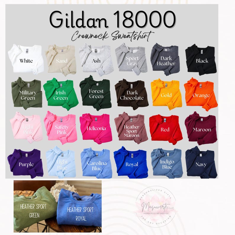 K&ouml;nnte beinhalten: Eine Pr&auml;sentation von Gildan 18000 Crewneck-Sweatshirts in verschiedenen Farben, darunter Wei&szlig;, Schwarz und Marineblau. Das Bild zeigt eine Reihe von Farbt&ouml;nen, von Hellrosa bis Dunkelschokolade, mit dem Markennamen und dem Stil deutlich gekennzeichnet.