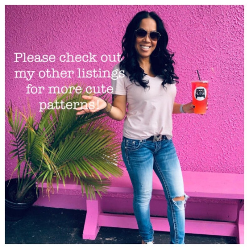 May include: A woman wearing a white t-shirt, blue jeans, and sunglasses is standing in front of a pink wall. She is holding a pink drink with a black and white logo that says "KBA".  Please check out my other listings for more cute patterns!