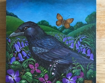 Crow original acrylic painting on an artist’ plywood panel, Unframed. Title ‘Springtime crow.’
