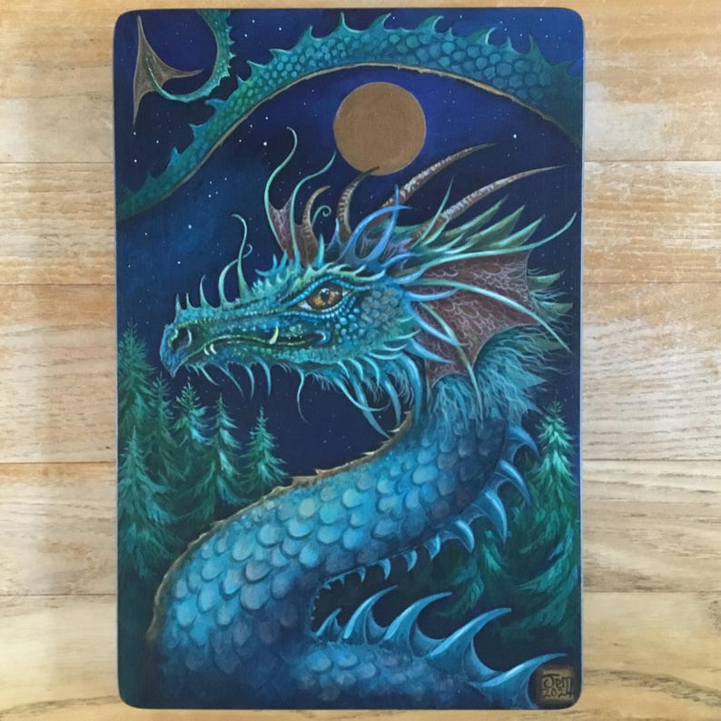Dragon, Original Acrylic Painting on a Wooden Panel. Title dragonmoon