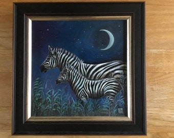 Zebra painting, Original acrylic framed painting. Title. ‘African Night.’