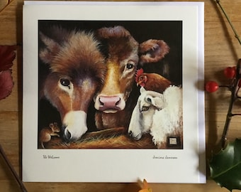 Barn animals greeting card. Title ‘The Welcome.’