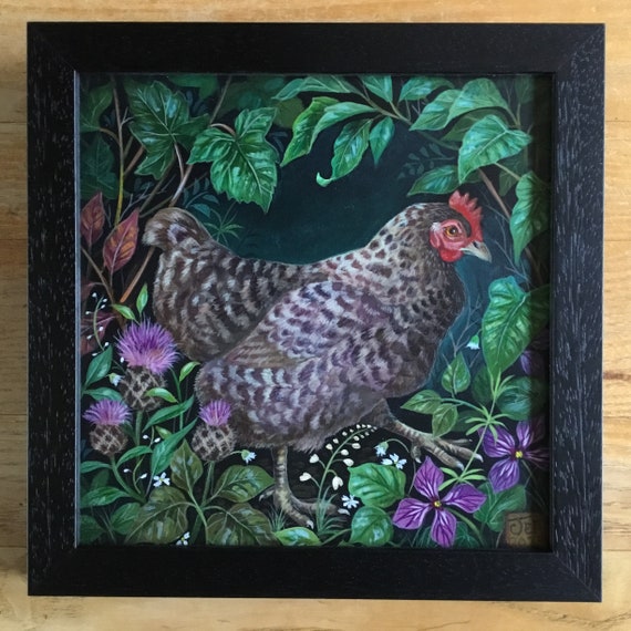 Chicken original acrylic painting on gesso board with frame. Title  ‘Speckledy-hen’