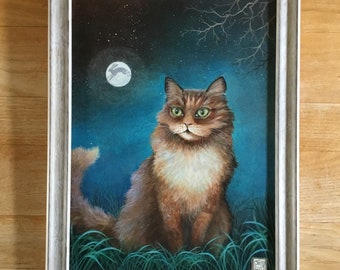 Cat original acrylic painting. Title ‘The midnight cat.’