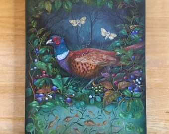 Pheasant original acrylic painting on a plywood art panel. Title ‘The Enchanted pool’