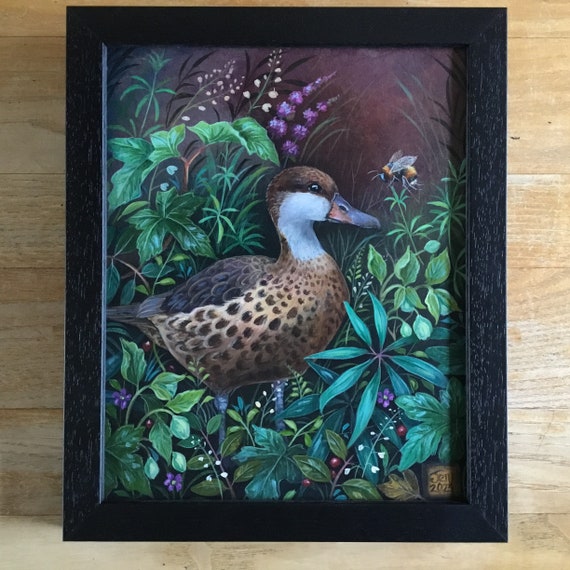 A Duck original acrylic painting on a gesso board, framed. Title ‘The Duck  & the bee.’