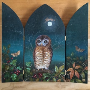 Owl triptych original acrylic painting. Title ‘Spellbound’