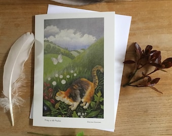 Cat greeting card. Title ‘Misty in the meadow.’