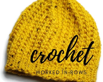 Crochet PATTERN, Warm Winter Hat, Crochet Hat, Chunky Yarn Pattern, Slouchy Beanie, Yellow Hat, Worked in Rows, Crochet Toque