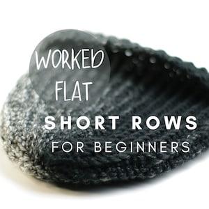 May include: A close-up of a black and gray knitted hat with the text "Worked Flat Short Rows for Beginners" on a white background.