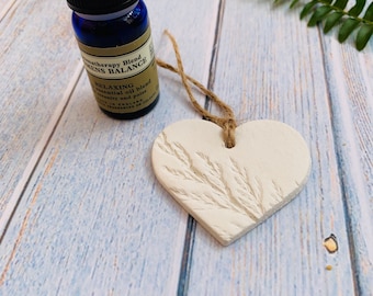 White Clay Heart Diffuser: Leaf Imprint, Essential Oil Ornament