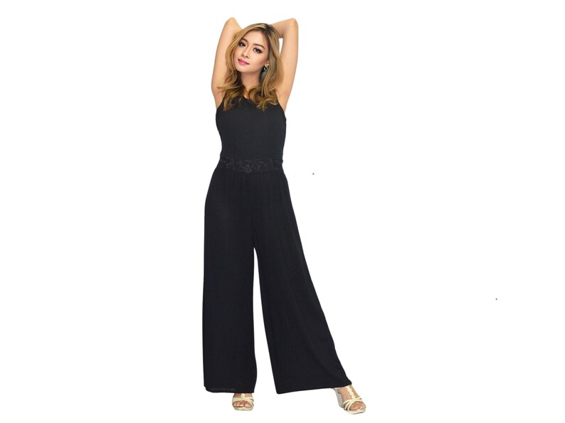 CARLY Lace Back Rayon Jumpsuit: Wide Leg Bali Overalls Black