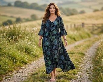 KANNAKI Boho Handmade Batik Flowy Maxikleid mit elastischer Taille hinten - BG27014