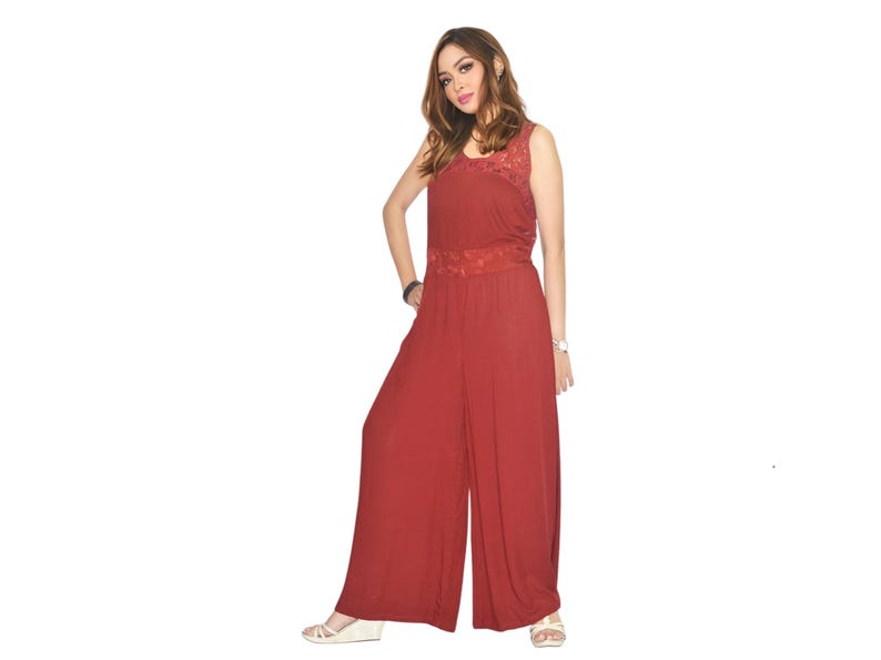 CARLY Lace Back Rayon Jumpsuit: Wide Leg Bali Overalls Red