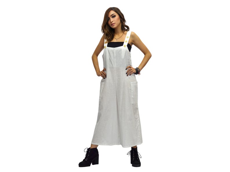 SHINTA Jumpsuit aus Baumwolle mit weitem Bein: 3/4 Boho Chic Overall Weiß