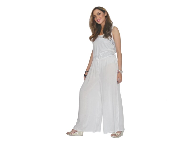 CARLY Lace Back Rayon Jumpsuit: Wide Leg Bali Overalls White