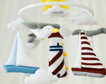 Sail boat mobile, Wave nursery mobile, Ocean neutral baby mobile, Lighthouse Seagull crib hanging personalized nursery decor