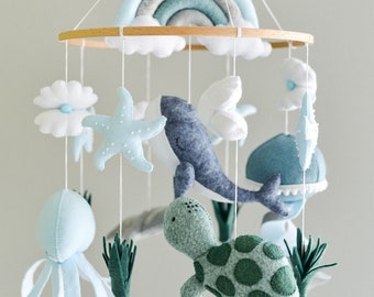 Ocean mobile nursery Whale crib mobile Baby boy mobile Octopus Jellyfish Stingray Shell mobile Rainbow mobile