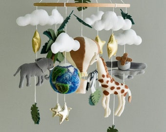 Safari baby mobile, Jungle crib mobile, Adventure nursery mobile, Giraffe Zebra Elephant neutral mobile, Airplane mobile