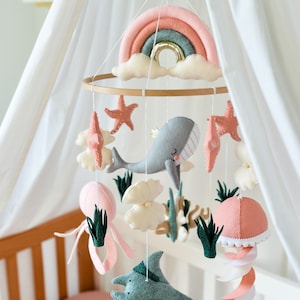 Whale mobile nursery Ocean crib mobile Baby girl mobile Octopus Jellyfish Stingray Shell mobile Rainbow mobile