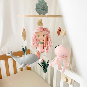 Mermaid mobile Whale nursery mobile Ocean nursery decor Baby girl crib mobile Blush nursery hanging decor