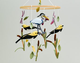 Baby mobile neutral animals Bird nursery mobile Heron reed mobile